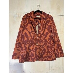 Malej Womens Jacquard Floral Orange Red Blazer XL Luxury Turkish Workwear Bright